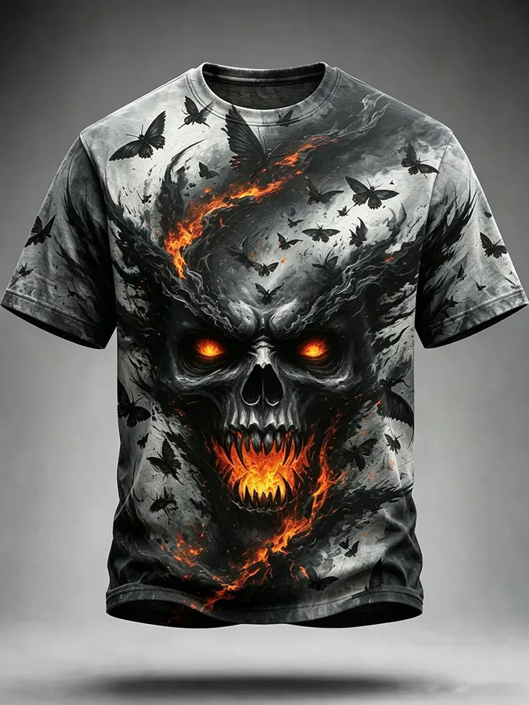 Men's Halloween Hellfire Moth Skull Print Crew Neck Short Sleeve T-shirt