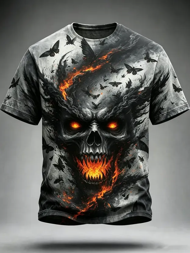 Men's Halloween Hellfire Moth Skull Print Crew Neck Short Sleeve T-shirt