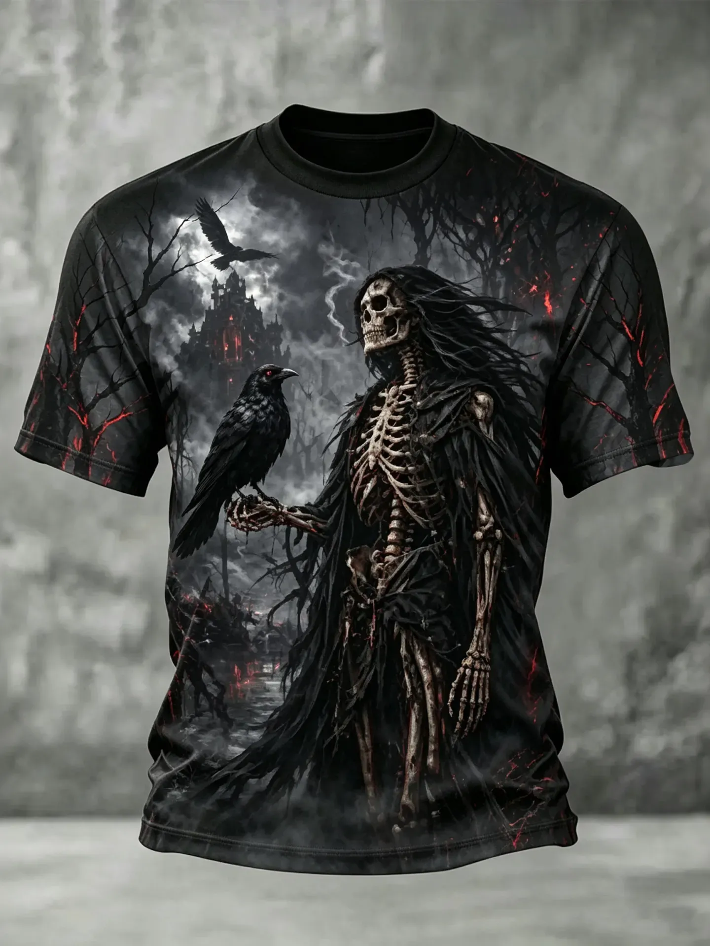 Men's Halloween Death Skull Raven Dead Tree Print Crew Neck T-shirt
