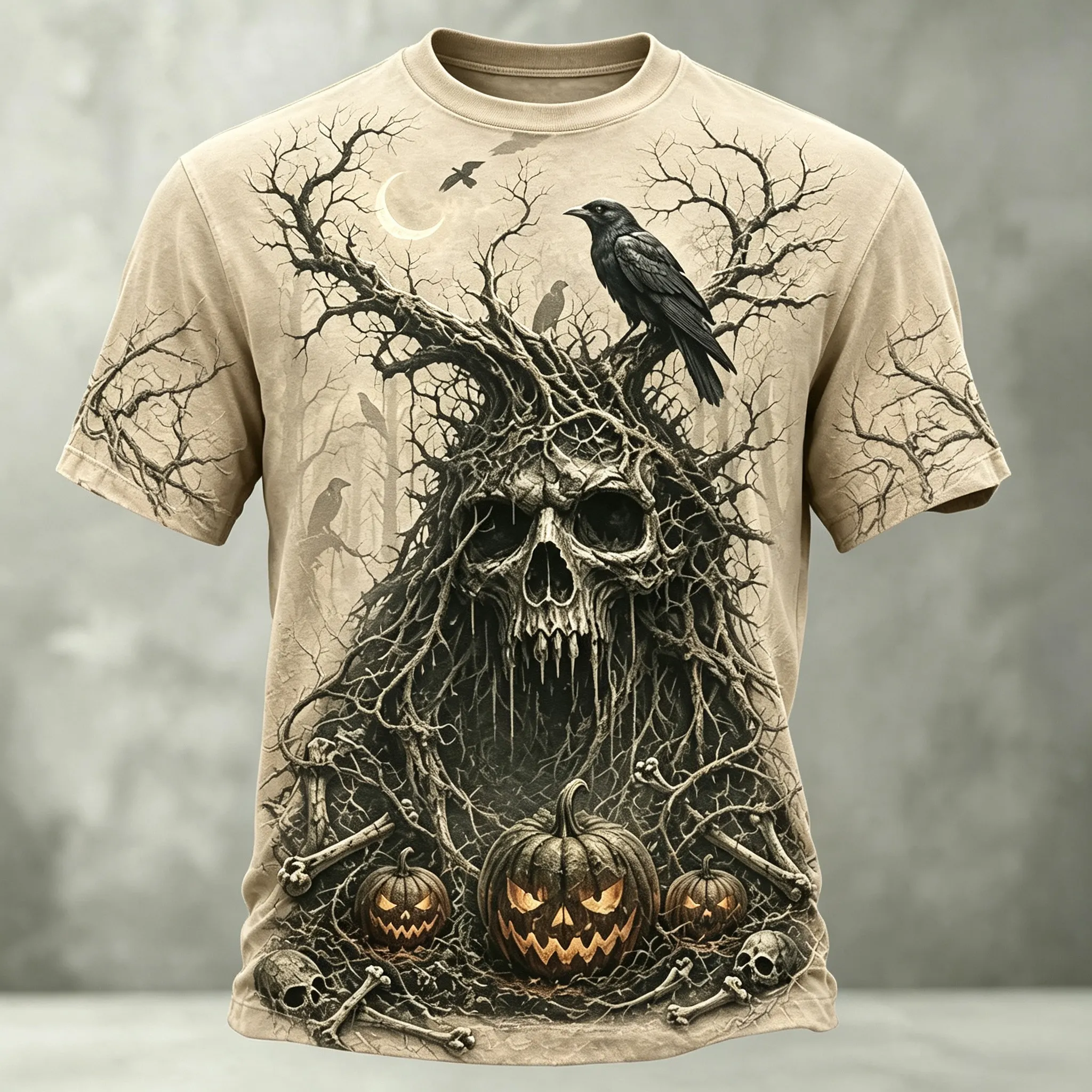 Men's Retro Halloween Skull And Pumpkin Print Casual T-shirt