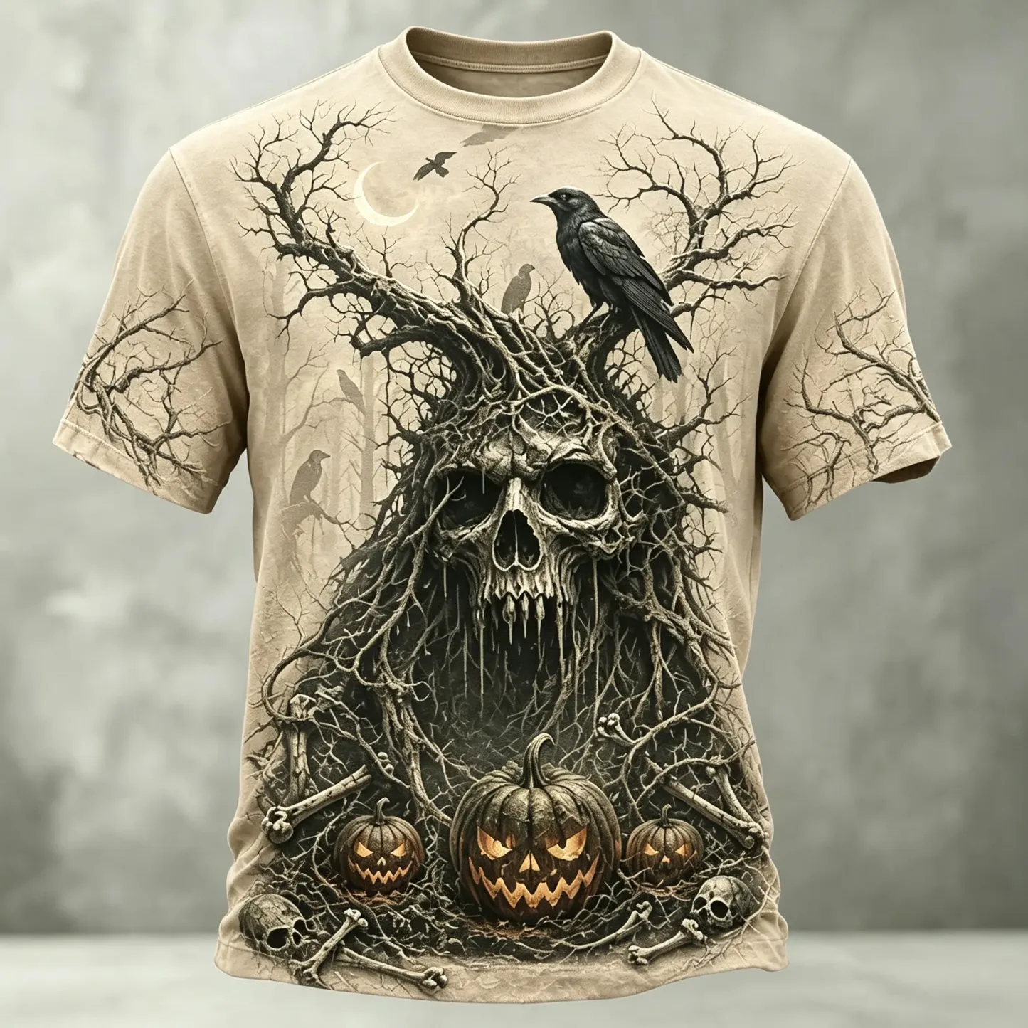 Men's Retro Halloween Skull And Pumpkin Print Casual T-shirt