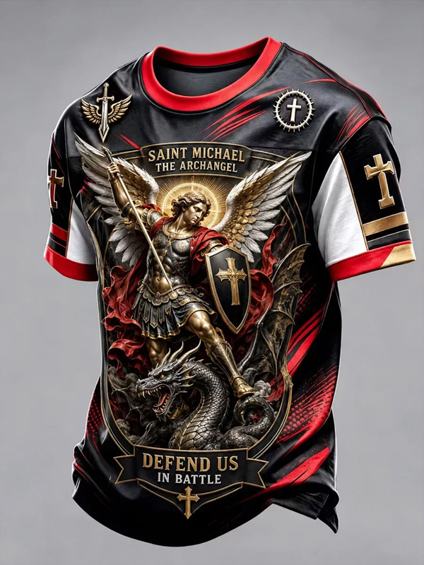 Men's Heroic Saint Michael Archangel Dragon Battle Faith Color Block Print T-Shirt