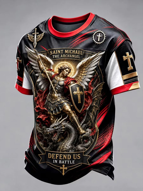 Men's Heroic Saint Michael Archangel Dragon Battle Faith Color Block Print T-Shirt
