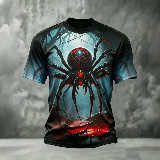 Men's Halloween Retro Spider Forest Print Dark Crew Neck Short Sleeve T-shirt
