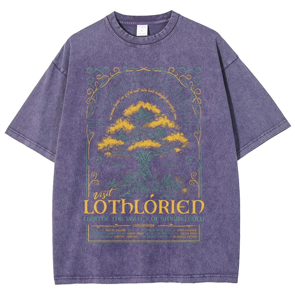 Fantasy Elven City Giant Tree Travel Poster Print Washed T - Shirt
