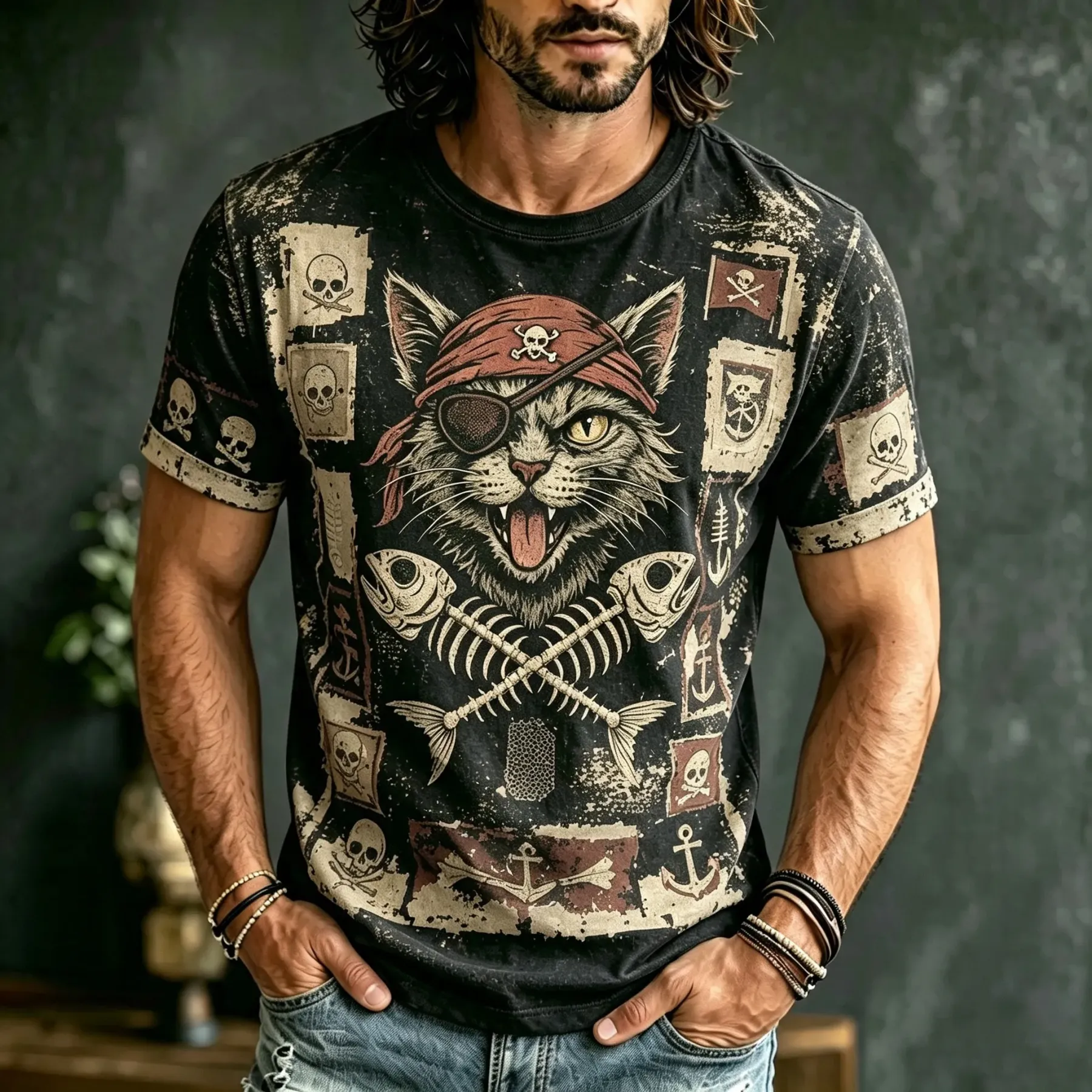 Men's Retro Cat Print Cotton Linen T-shirt