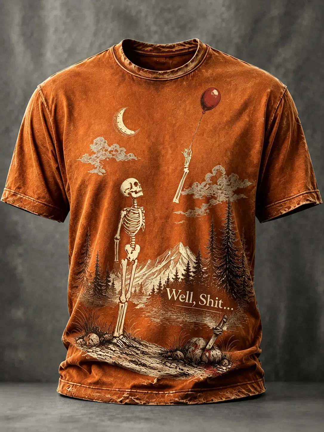 Men's Vintage Funny Skeleton Red Balloon Graphic Print Casual T-shirt