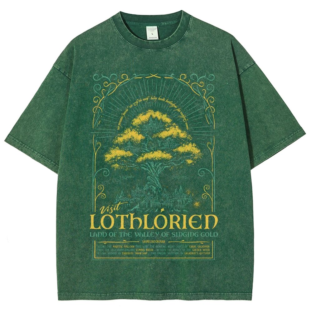 Fantasy Elven City Giant Tree Travel Poster Print Washed T - Shirt