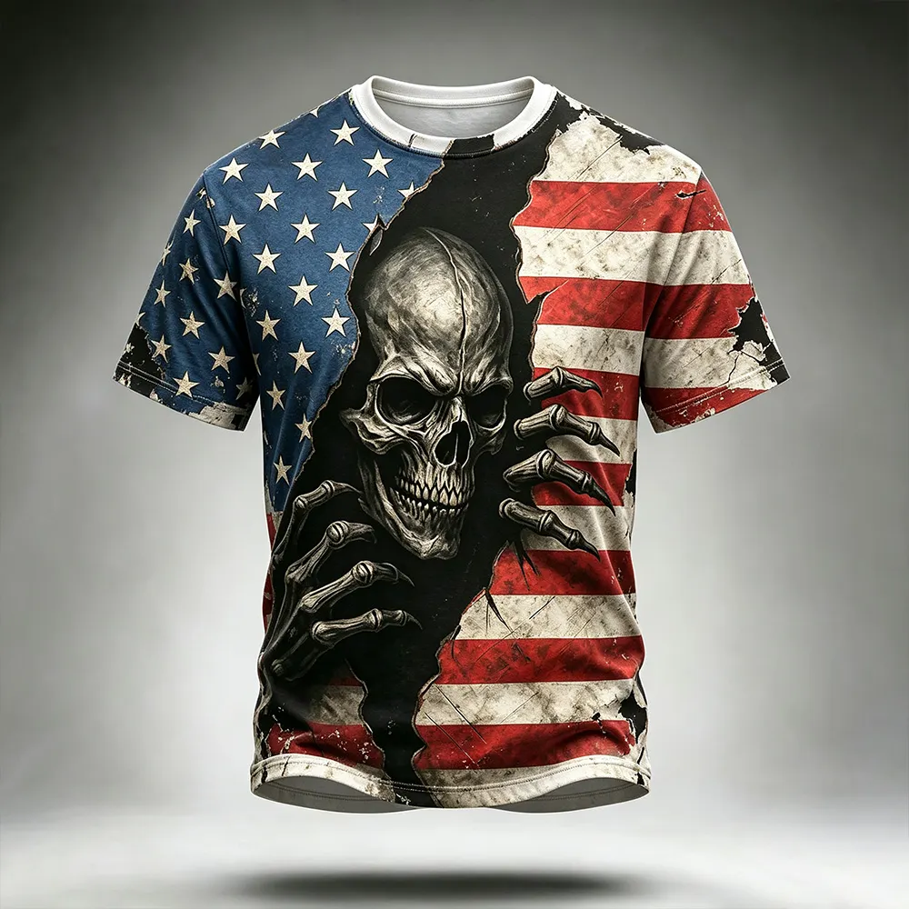Men's Halloween Skull And American Flag Art 3d Print Casual T-shirt