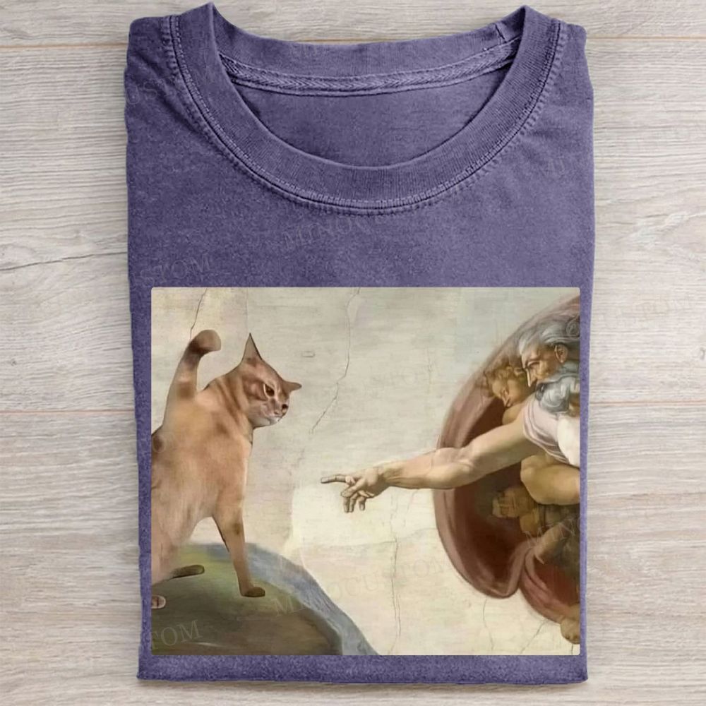 Funny cat print washed T-shirt