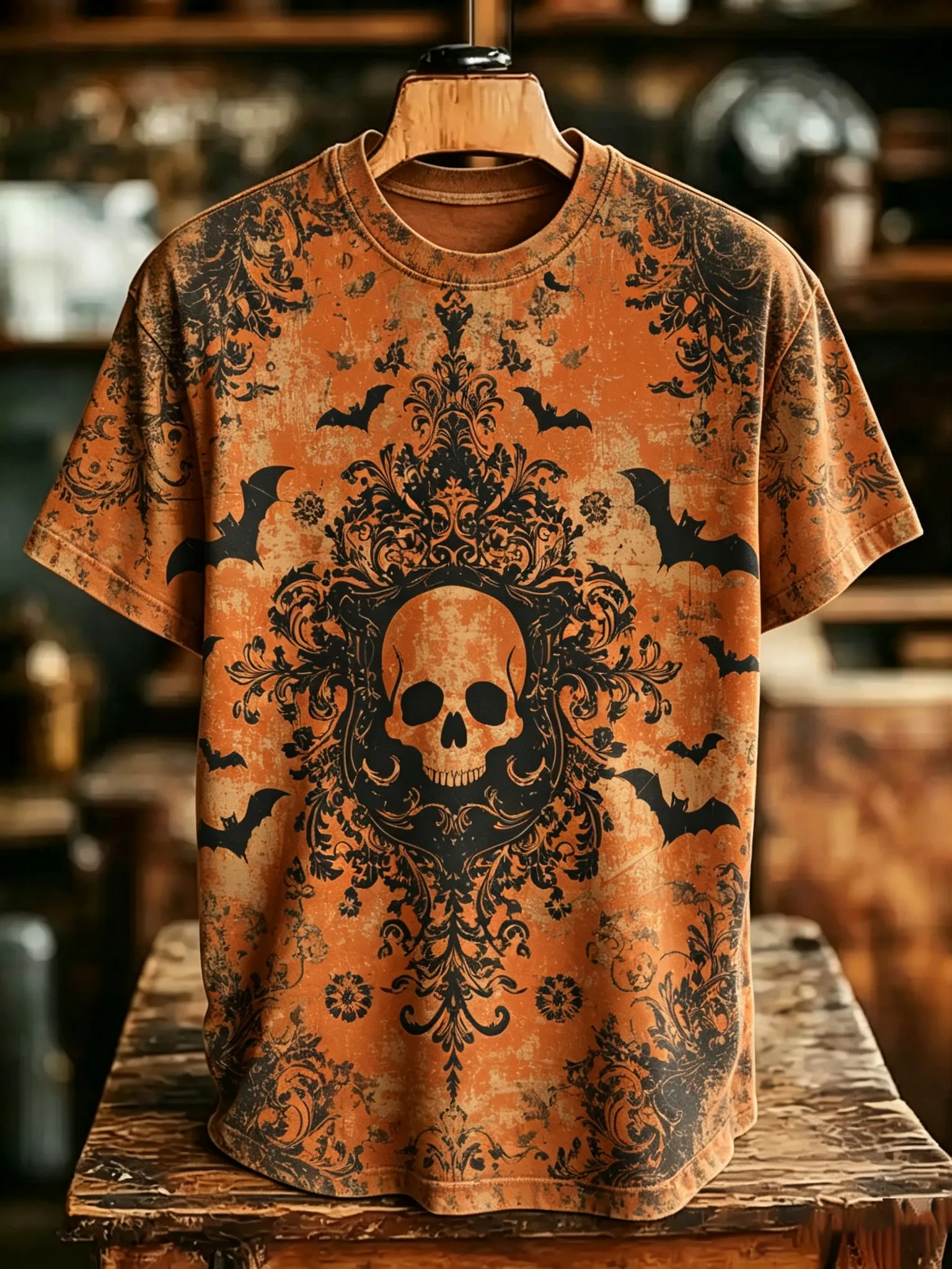 Men's Retro Halloween Gothic Skull And Bat Print Crew Neck T-shirt