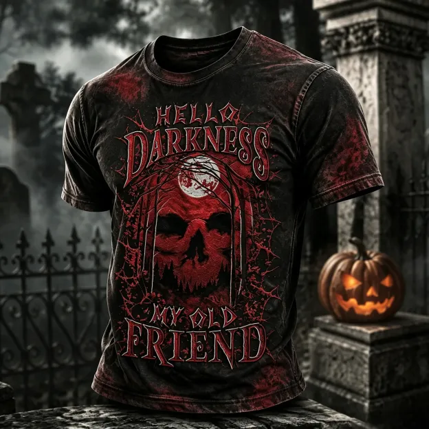 Men's Retro Halloween Theme "hello Darkness My Old Friend" Printed T-shirt