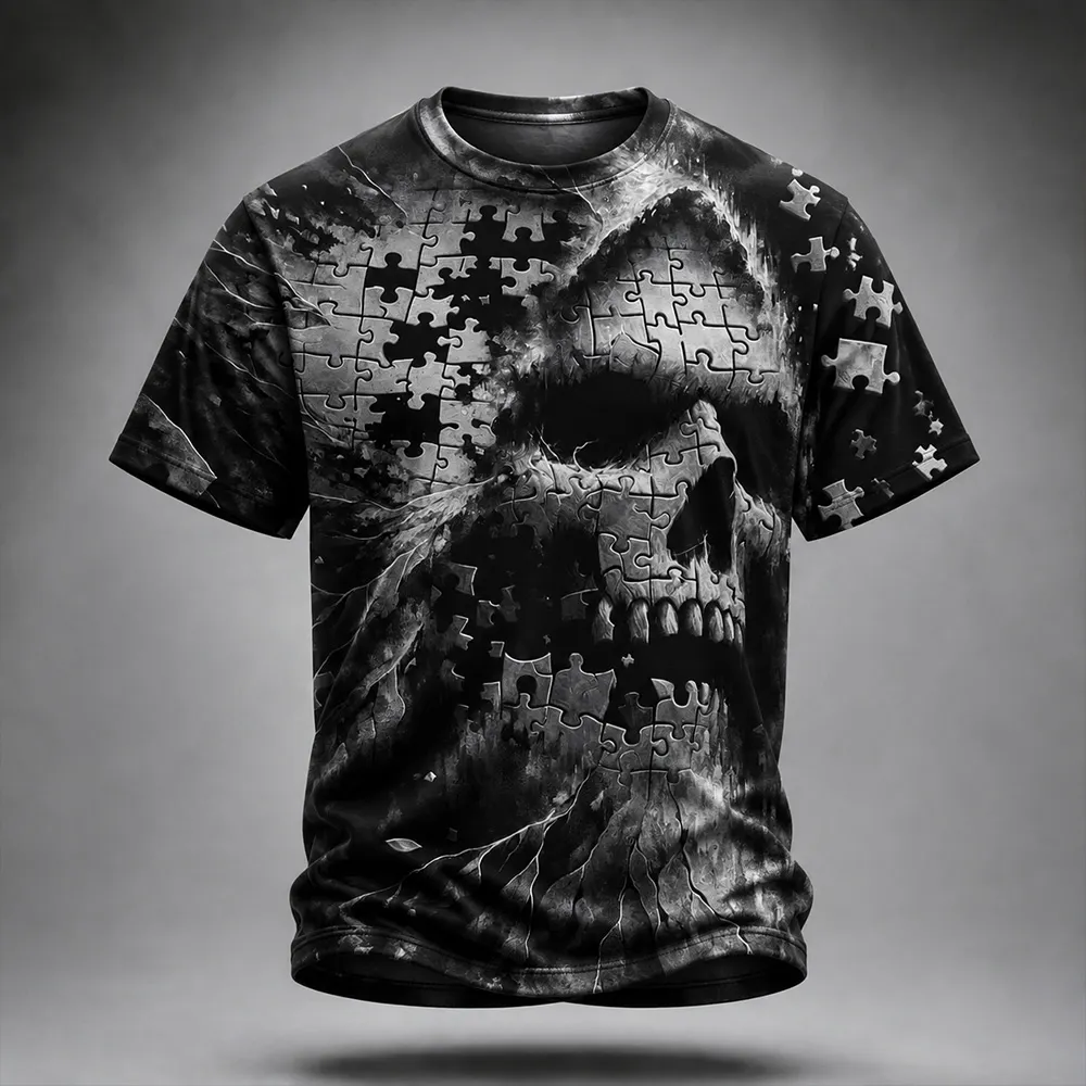 Men's Halloween Skeleton Puzzle 3d Art Print Distressed Crewneck T-shirt