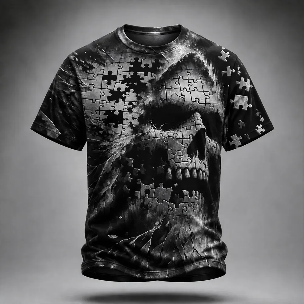 Men's Halloween Skeleton Puzzle 3d Art Print Distressed Crewneck T-shirt