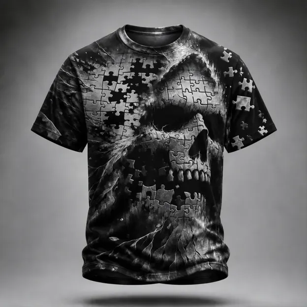 Men's Halloween Skeleton Puzzle 3d Art Print Distressed Crewneck T-shirt