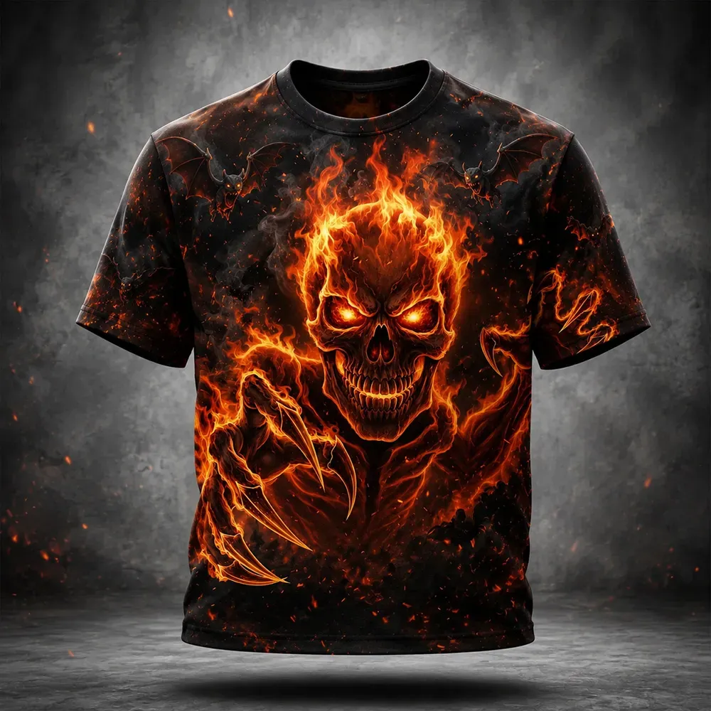 Men's Halloween Vintage Fire-breathing Skull Print Dark Crew Neck Short Sleeve T-shirt