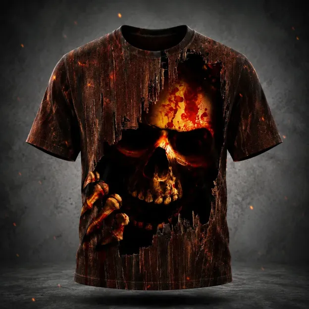 Vintage Halloween Skull And Bloodstain 3d Art Print Casual Crewneck T-shirt
