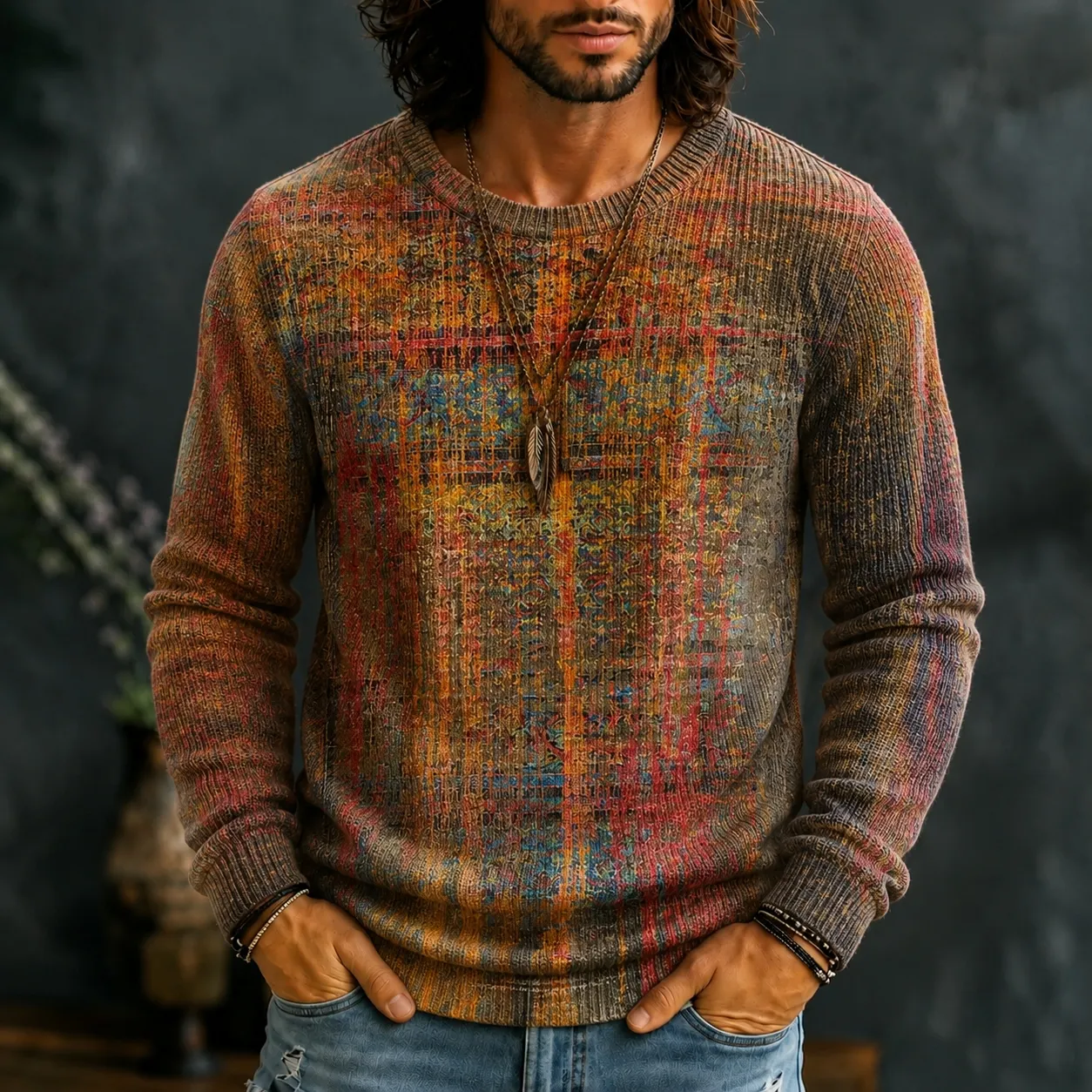 Men's Hippie Vintage Distressed Plaid Texture Print Crew Neck Knit Sweater