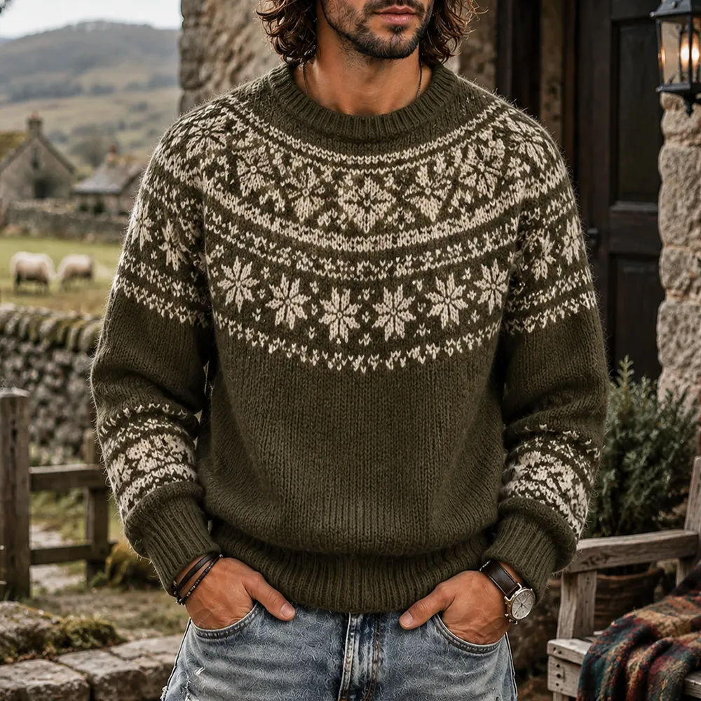 Men's Nordic Snowflake Pattern Knitted Crewneck Sweater