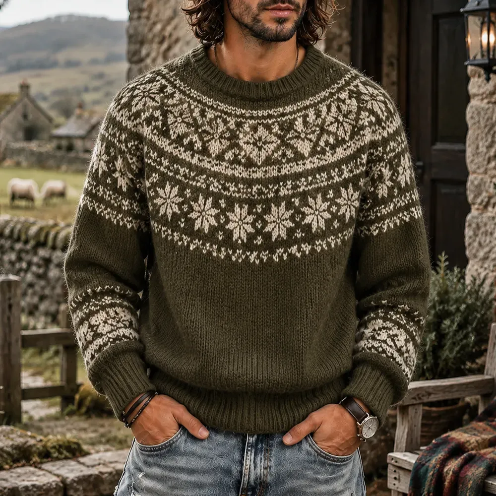 Men's Nordic Snowflake Pattern Knitted Crewneck Sweater