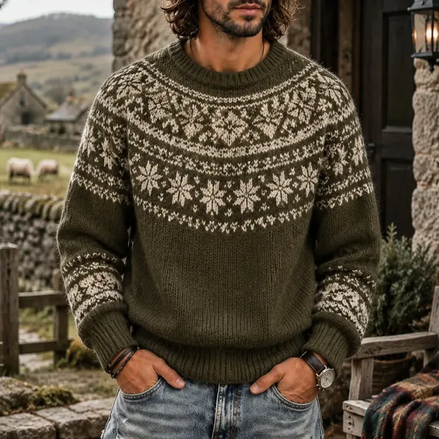 Men's Nordic Snowflake Pattern Knitted Crewneck Sweater