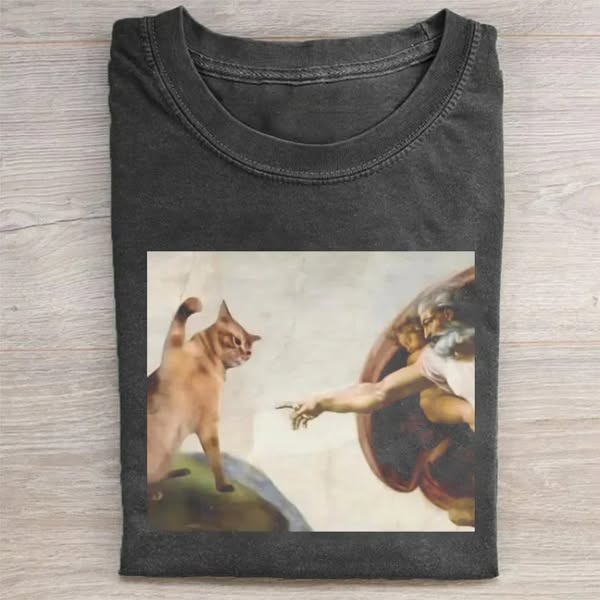 Funny cat print washed T-shirt