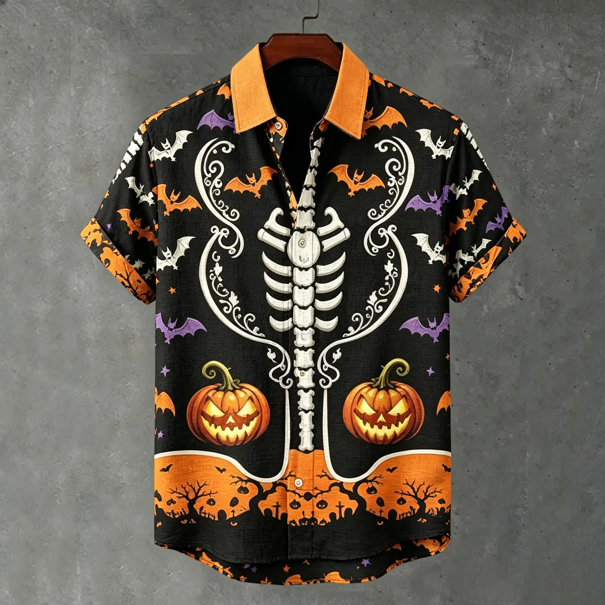 Men's Retro Halloween Theme Gothic Style Printed Linen Blend Short-sleeve Shirt