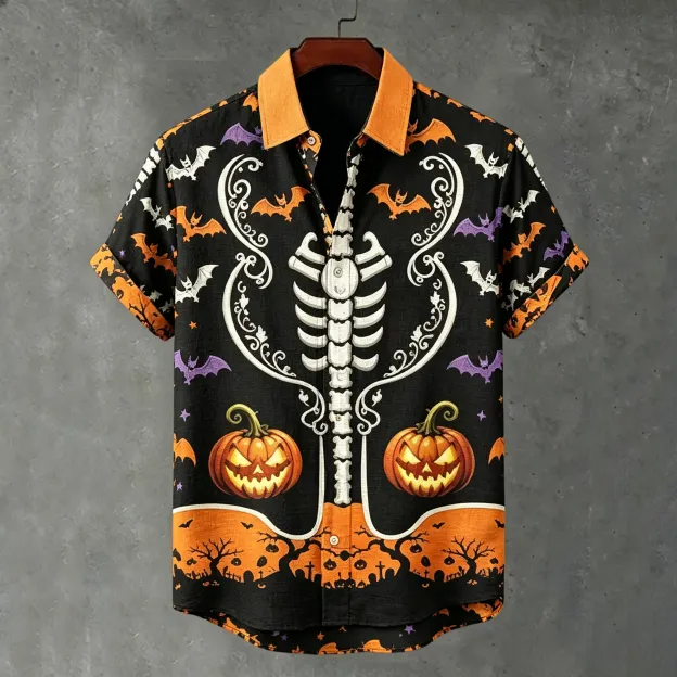 Men's Retro Halloween Theme Gothic Style Printed Linen Blend Short-sleeve Shirt
