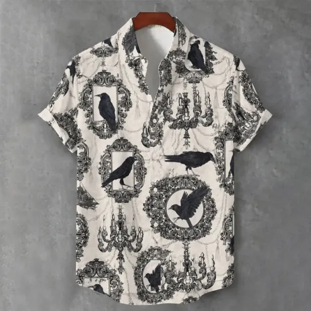 Men's Gothic Halloween Crow Candleholder Photo Frame Short-sleeve Shirt