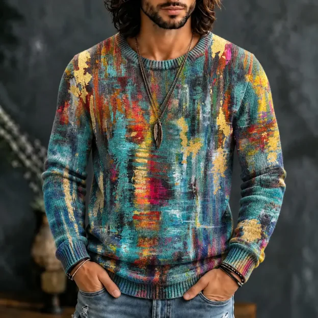 Men's Vintage Tribal Ethnic Pattern Art Crew Neck Sweater