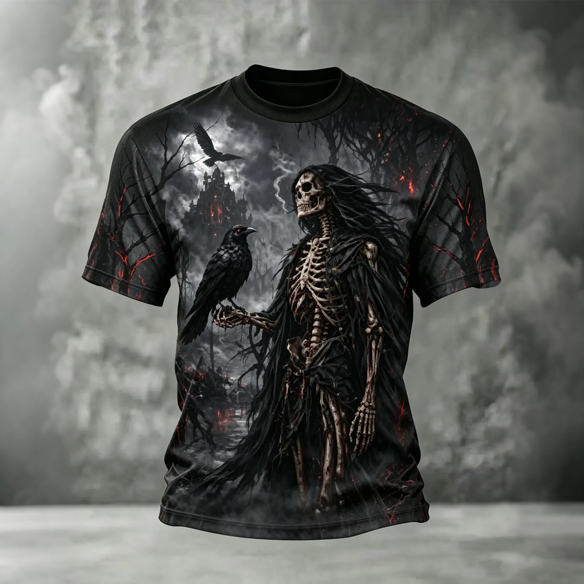 Men's Halloween Death Skull Raven Dead Tree Print Crew Neck T-shirt