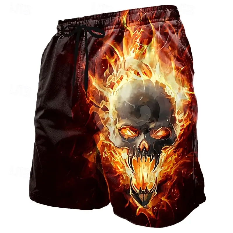 Men's Retro Halloween Flame Skull Pattern Casual Shorts