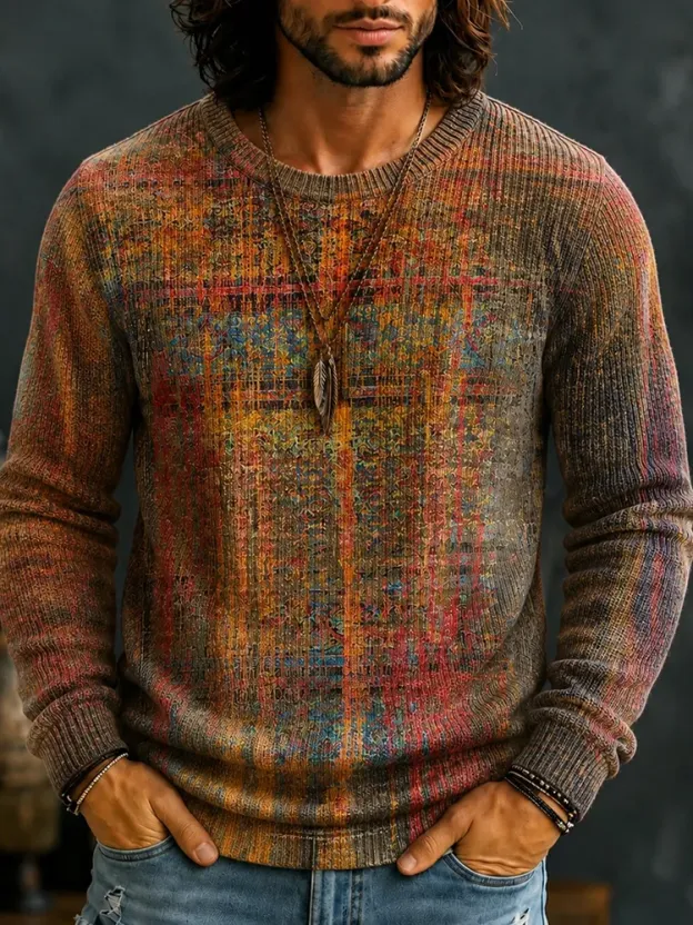 Men's Hippie Vintage Distressed Plaid Texture Print Crew Neck Knit Sweater