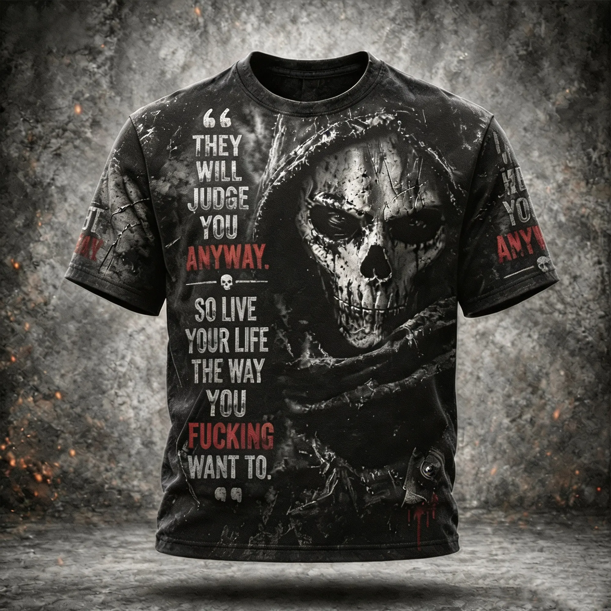 Men's Vintage Distressed Street Style Death Skull Pattern Inspirational Quotes Casual Short-sleeve T-shirt