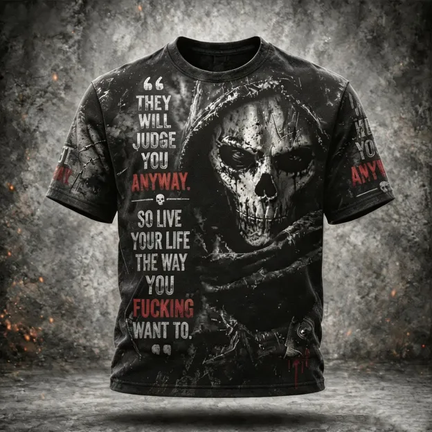 Men's Vintage Distressed Street Style Death Skull Pattern Inspirational Quotes Casual Short-sleeve T-shirt