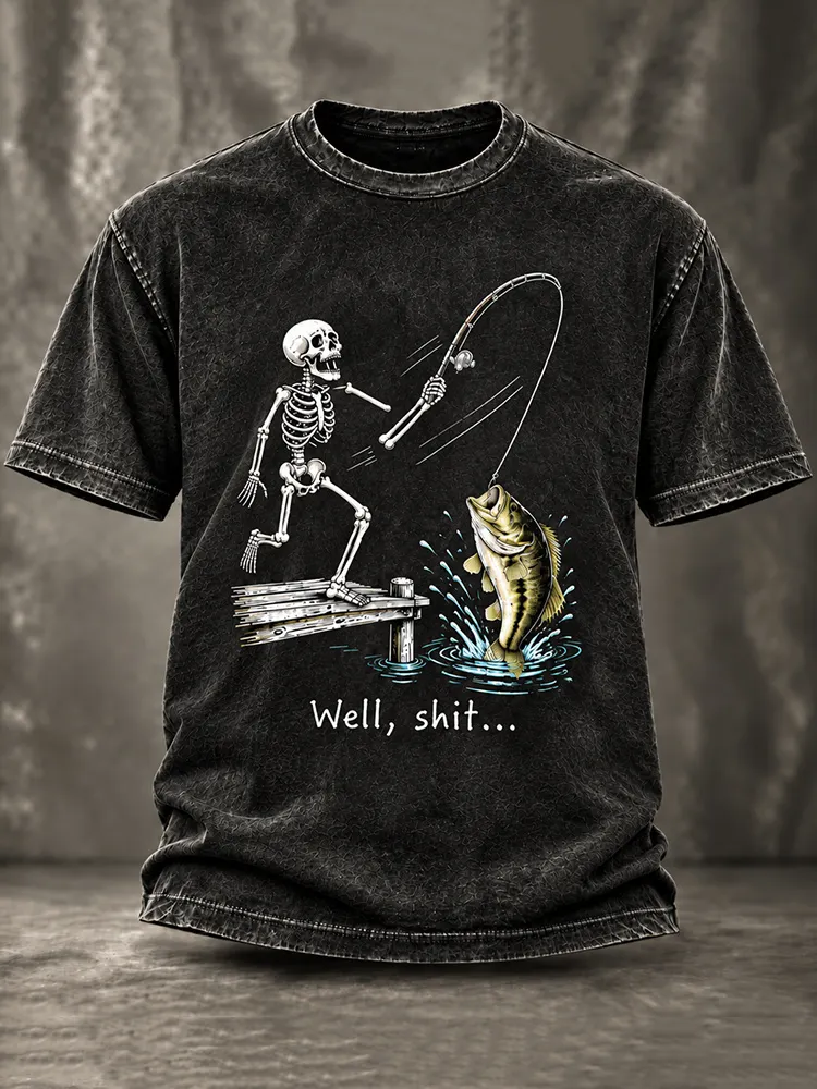 Men's Vintage Funny Fisherman Skeleton Bass Fishing Well Shit Graphic Print Casual T-shirt