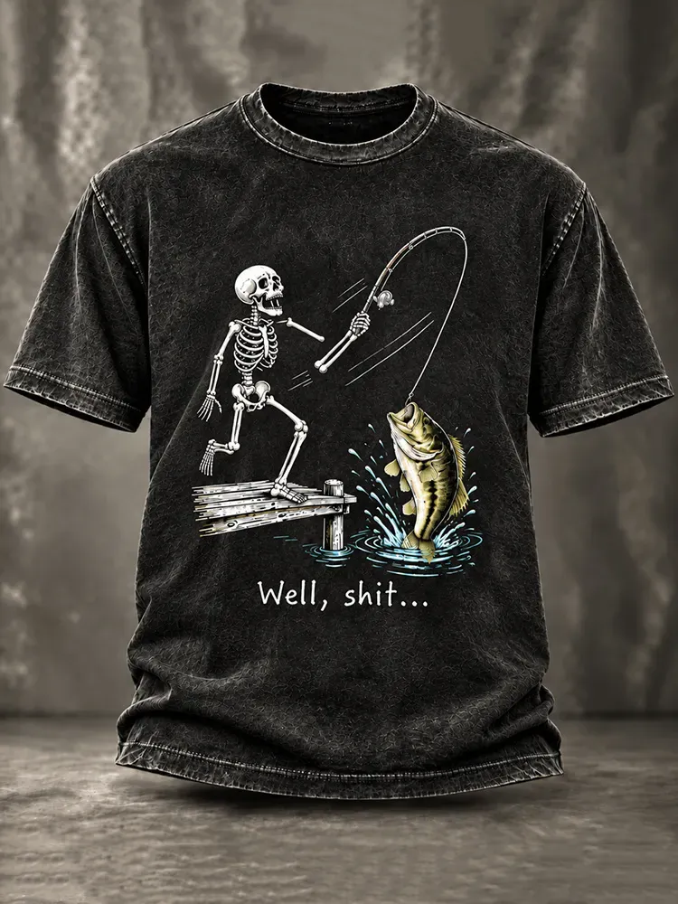 Men's Vintage Funny Fisherman Skeleton Bass Fishing Well Shit Graphic Print Casual T-shirt