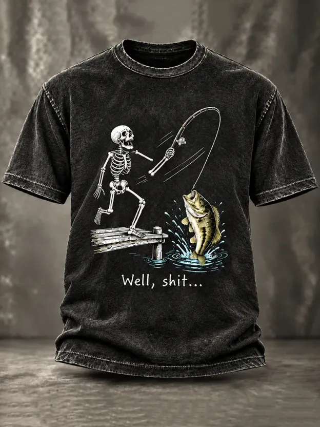 Men's Vintage Funny Fisherman Skeleton Bass Fishing Well Shit Graphic Print Casual T-shirt