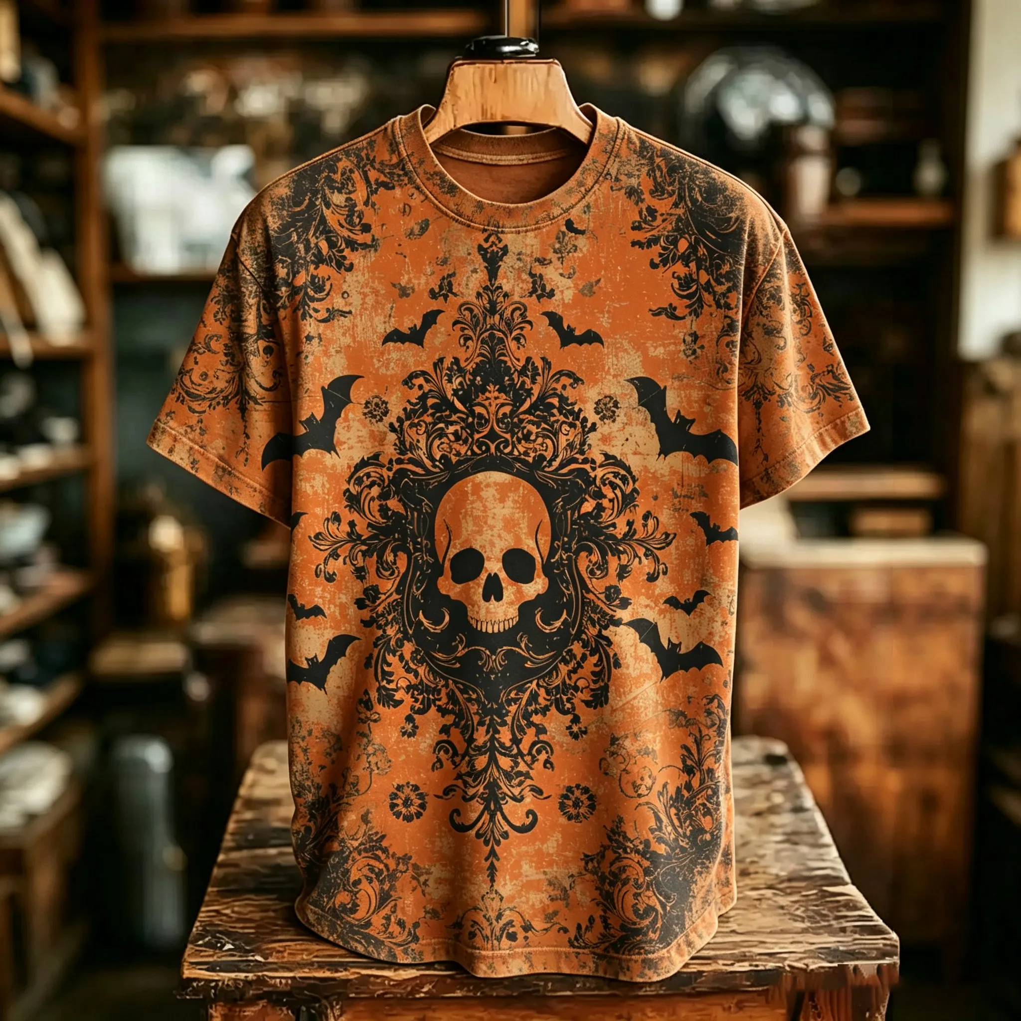 Men's Retro Halloween Gothic Skull And Bat Print Crew Neck T-shirt