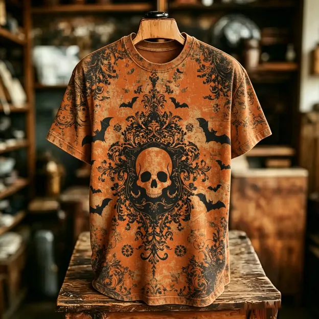 Men's Retro Halloween Gothic Skull And Bat Print Crew Neck T-shirt