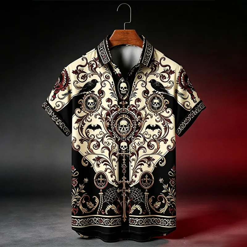 Men's Gothic Halloween Symmetrical Skull And Cross Combo Short-sleeve Shirt