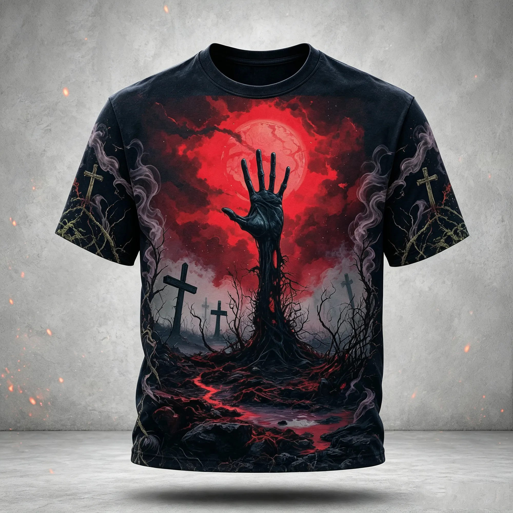 Men's Halloween Horror Zombie Hand Blood Red Moon Cemetery Cross Print Short-sleeve Punk Gothic Style T-shirt