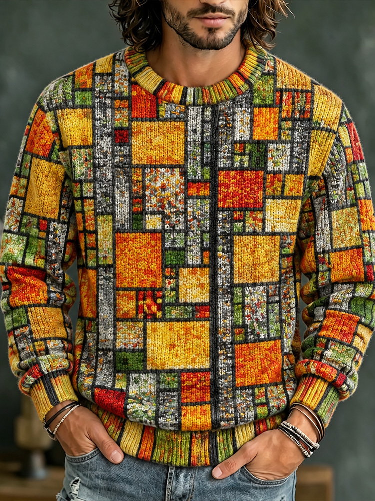 Men's Geometric Patchwork Colorful Print Casual Crew Neck Sweater