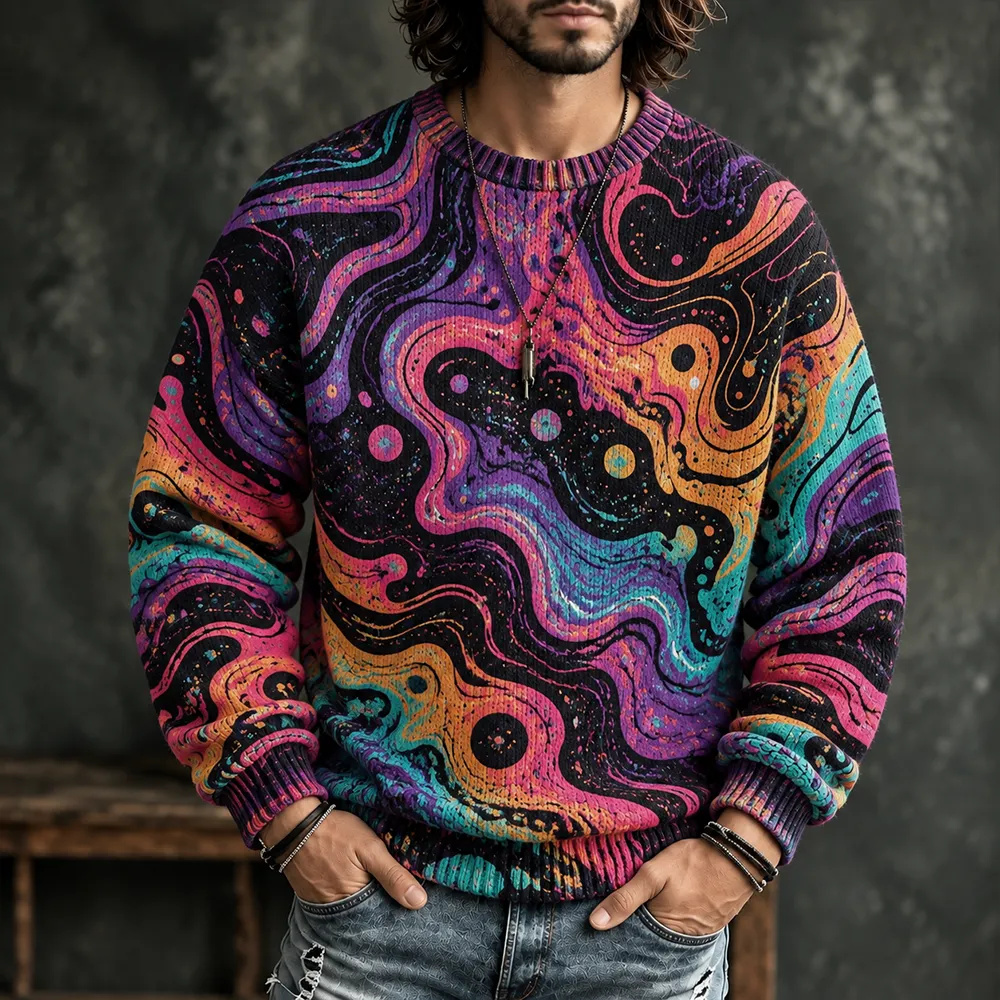 Men's Psychedelic Liquid Marble Pattern Crew Neck Sweater