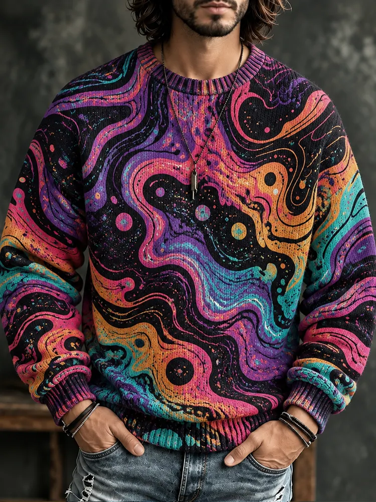 Men's Psychedelic Liquid Marble Pattern Crew Neck Sweater