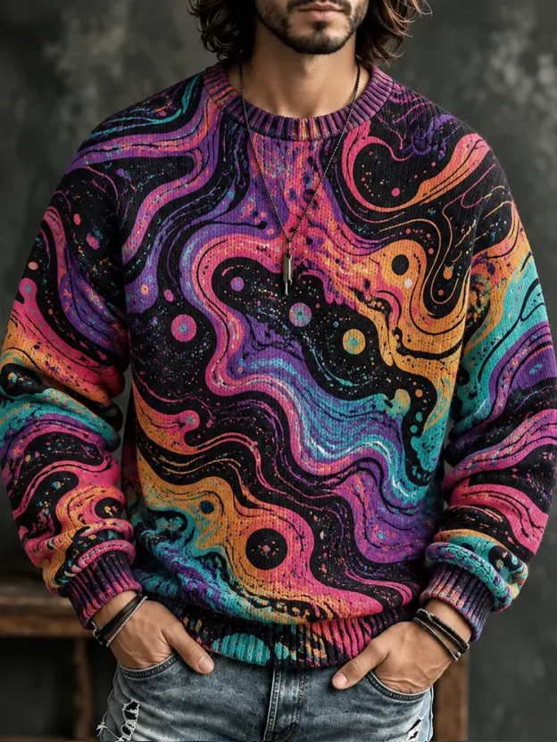 Men's Psychedelic Liquid Marble Pattern Crew Neck Sweater