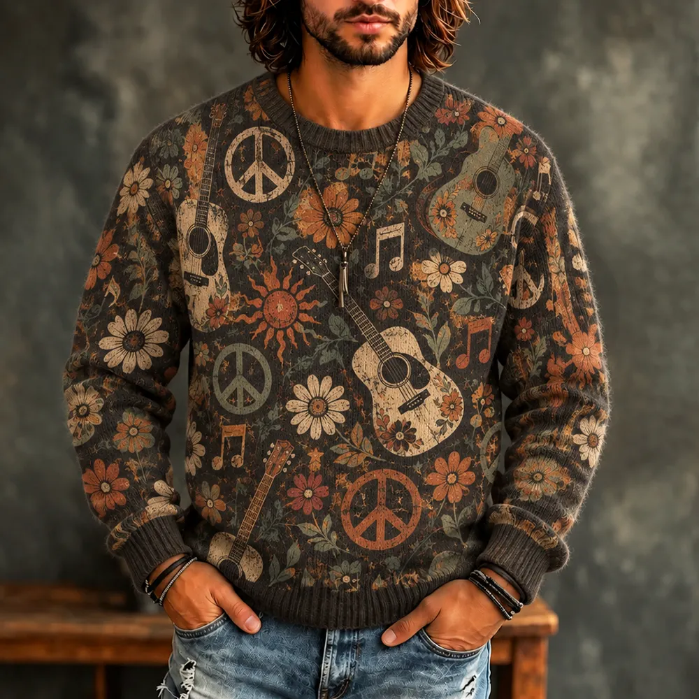 Men's Vintage Floral Guitar And Peace Sign Knit Sweater