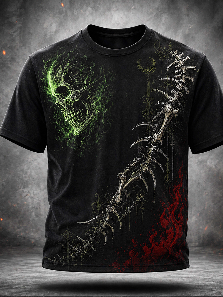 Men's Gothic Graphic T-shirt - Green Fiery Skull And Spine Bones Print Casual Tee