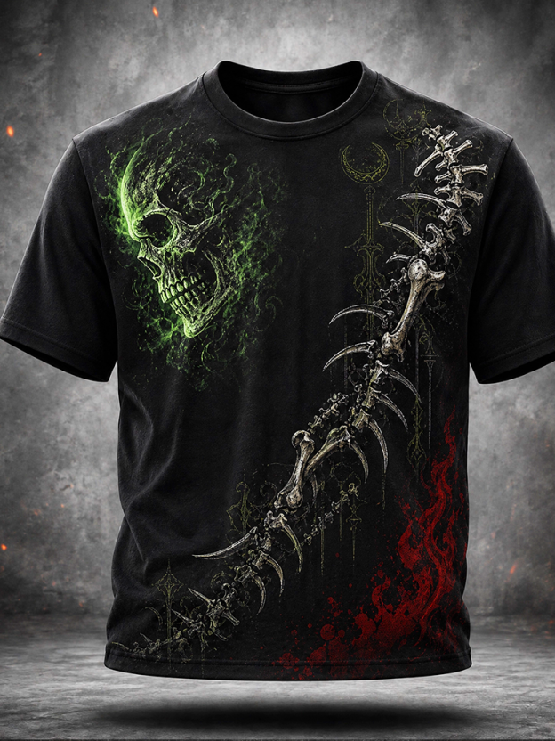 Men's Gothic Graphic T-shirt - Green Fiery Skull And Spine Bones Print Casual Tee