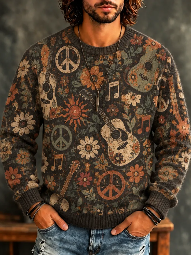 Men's Vintage Floral Guitar And Peace Sign Knit Sweater